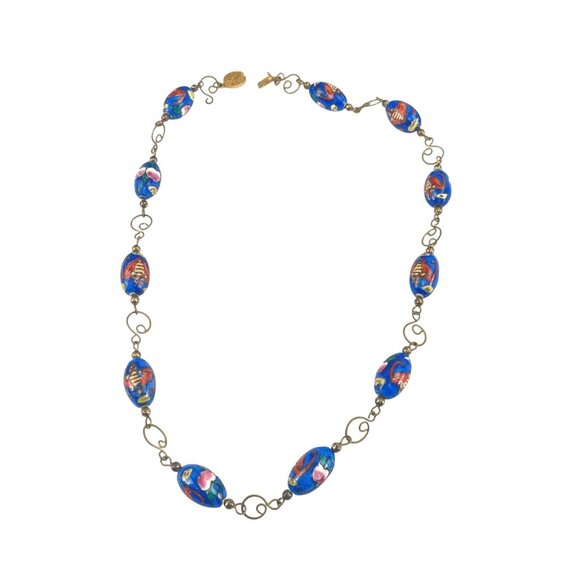Vintage Hand-Painted Blue Millefiori Glass Bead Necklace Gold-Tone Metal Chain - Picture 1 of 13